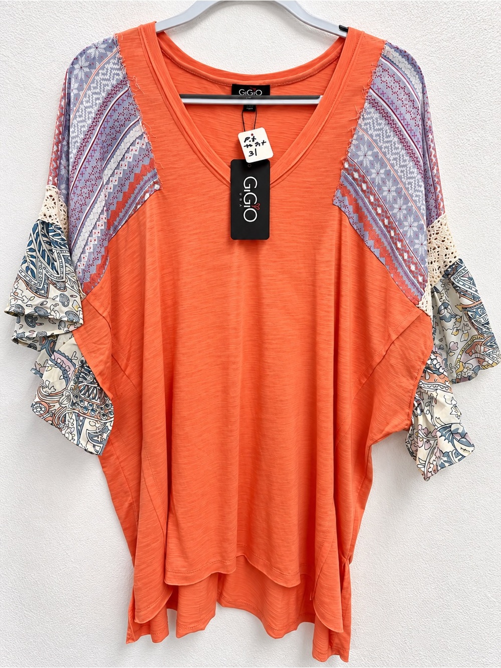 GIGIO Orange V-Neck Boho Sleeve Women's Top